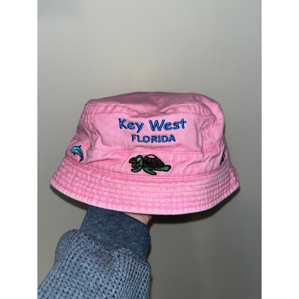 Pink Key West Florida Bucket Hat‎ Embroidered Turtle Dolphin Frog Size S